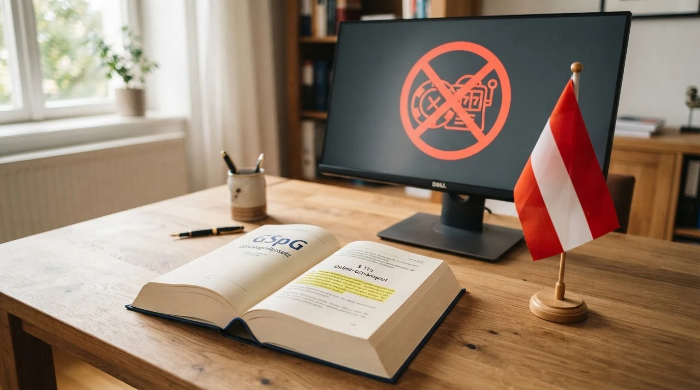 Ein aufgeschlagenes Gesetzbuch mit dem Titel „GSpG“ neben einer Österreich-Flagge und einem Bildschirm, der ein durchgestrichenes Casino-Symbol zeigt.
