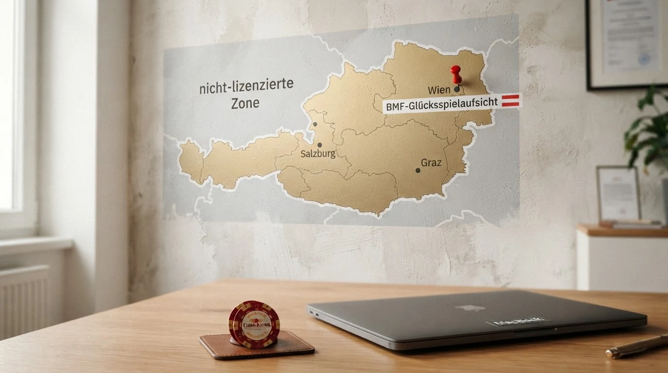 Eine stilisierten Österreich-Karte mit einer Markierung für den Sitz der BMF-Glücksspielaufsicht und einem ausgegrauten Bereich für „nicht-lizenzierte Zone“