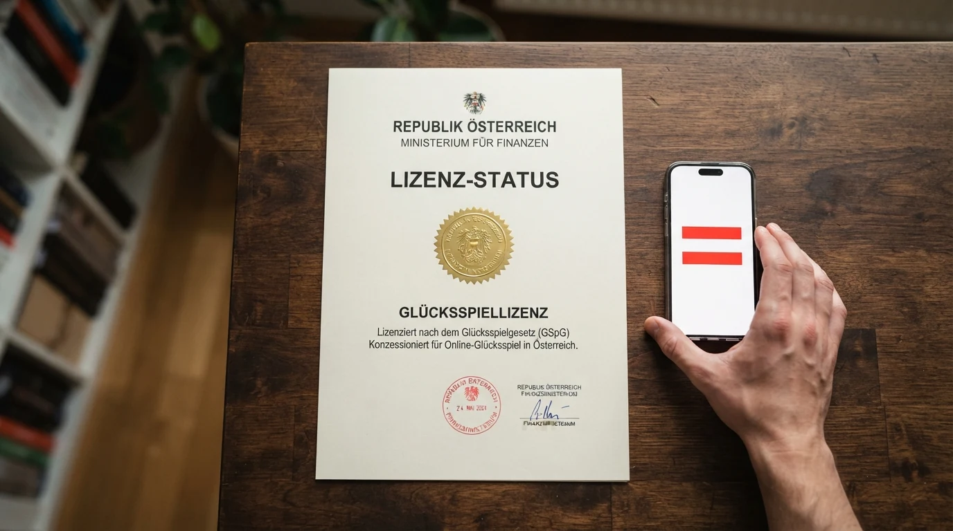 Eine stilisierte Österreich-Karte mit Glücksspiel-Lizenzsiegel, die ein legales Casino von Offshore-Anbietern abgrenzt