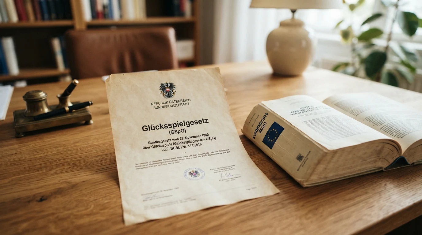 Offiziell wirkendes Dokument mit dem österreichischen Bundesadler und dem Schriftzug „Glücksspielgesetz“, daneben eine europäische Gesetzessammlung
