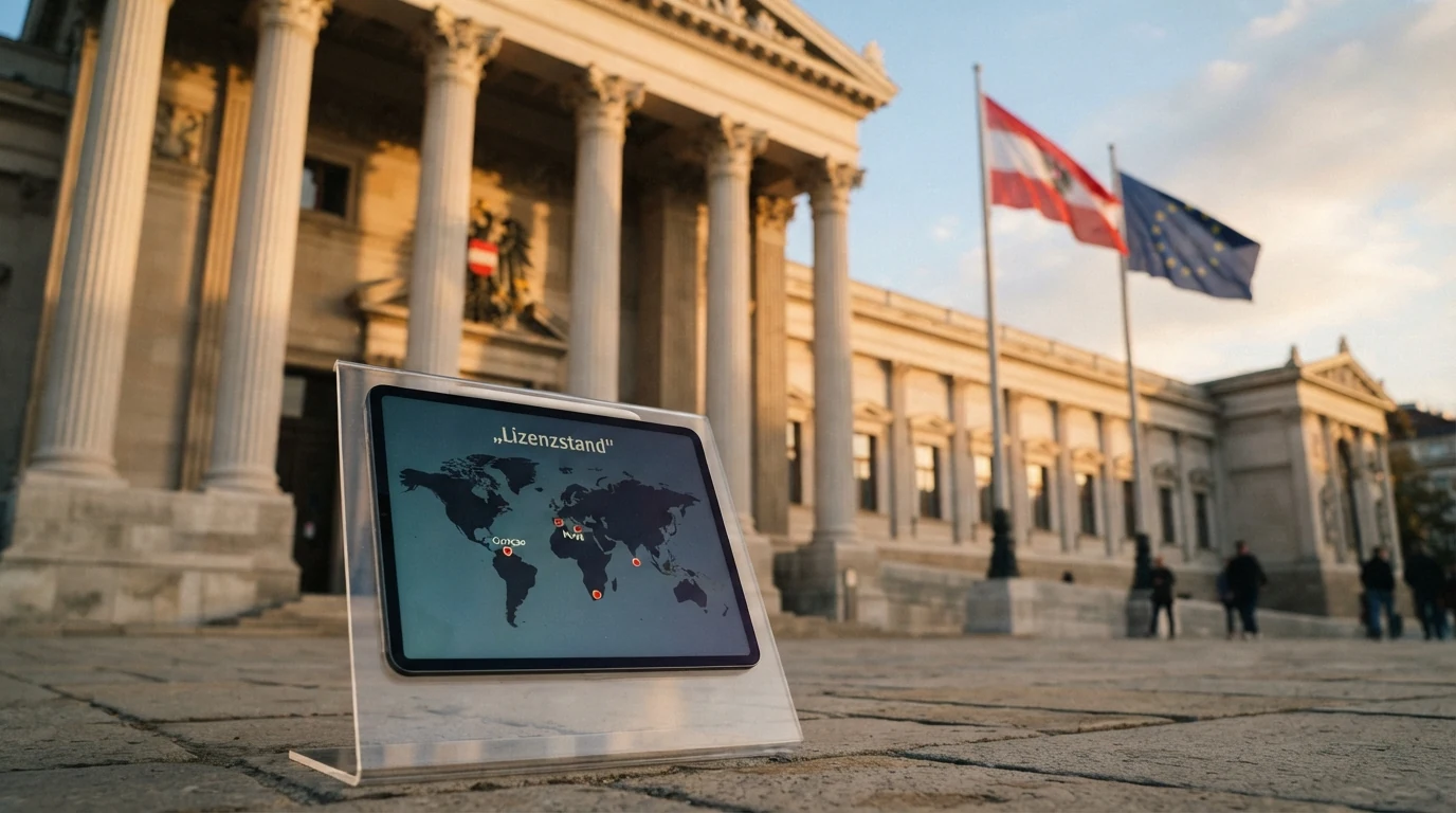 Ein österreichisches Amtsgebäude mit EU- und Österreich-Flagge im Vordergrund, daneben als Kontrast eine stilisierte Weltkarte mit Markierungen auf Malta, Curaçao und Gibraltar