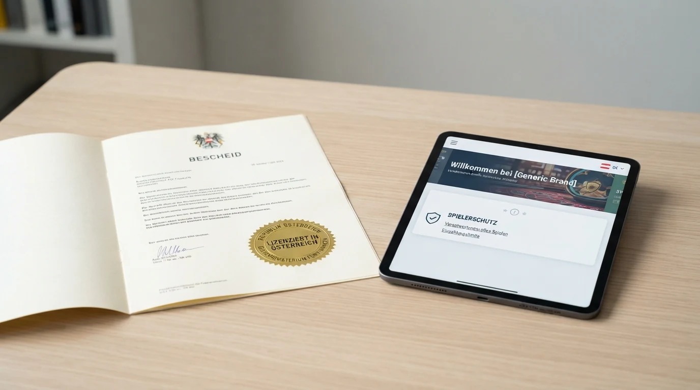 Offizielles österreichisches Wappen auf einem Dokument, daneben ein Tablet mit einer Casino-Startseite und einem durchgestrichenen MGA-Siegel