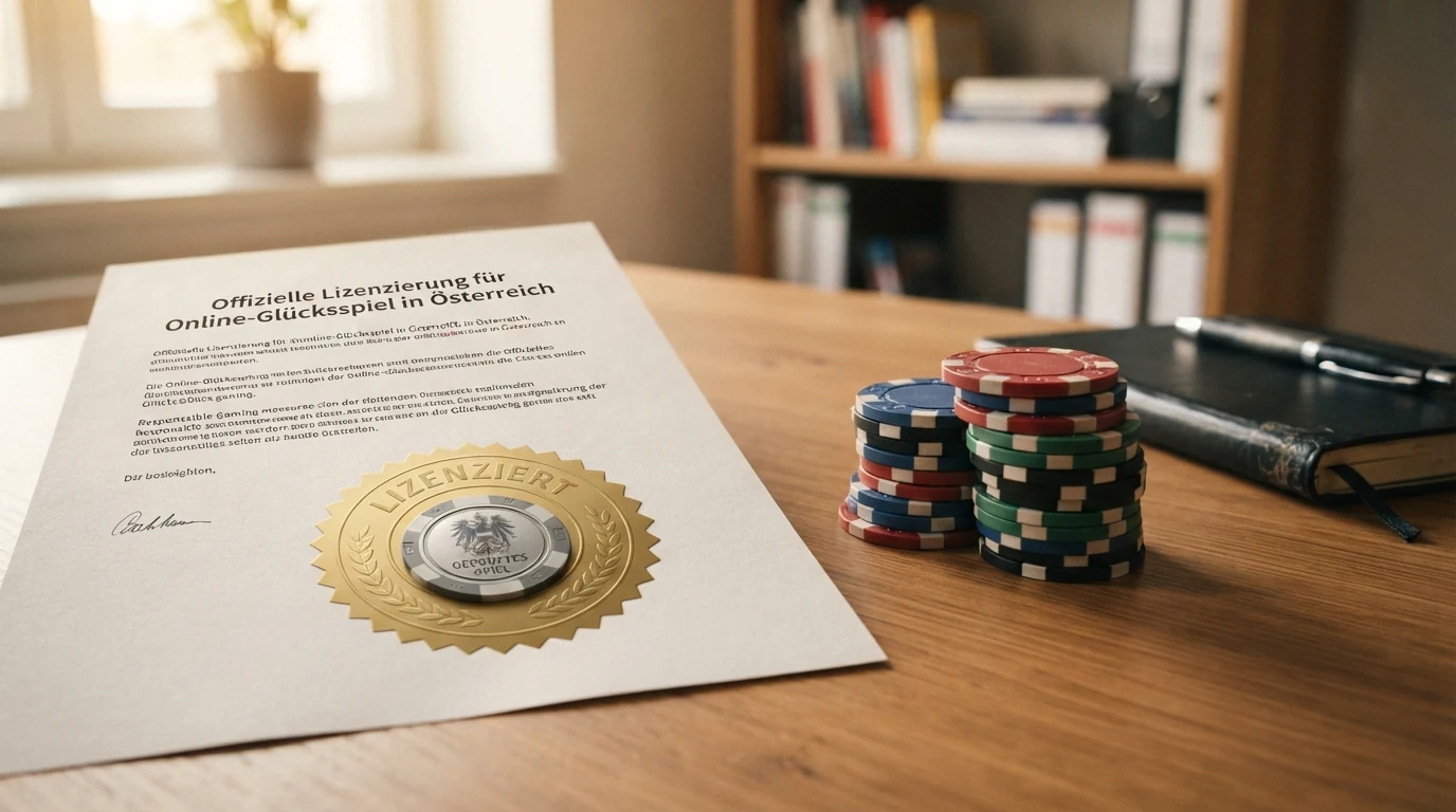 Eine schematische Gegenüberstellung: win2day mit Haken und „Konzessioniert" auf der linken Seite, mehrere Casino-Logos mit „Keine AT-Konzession" auf der rechten