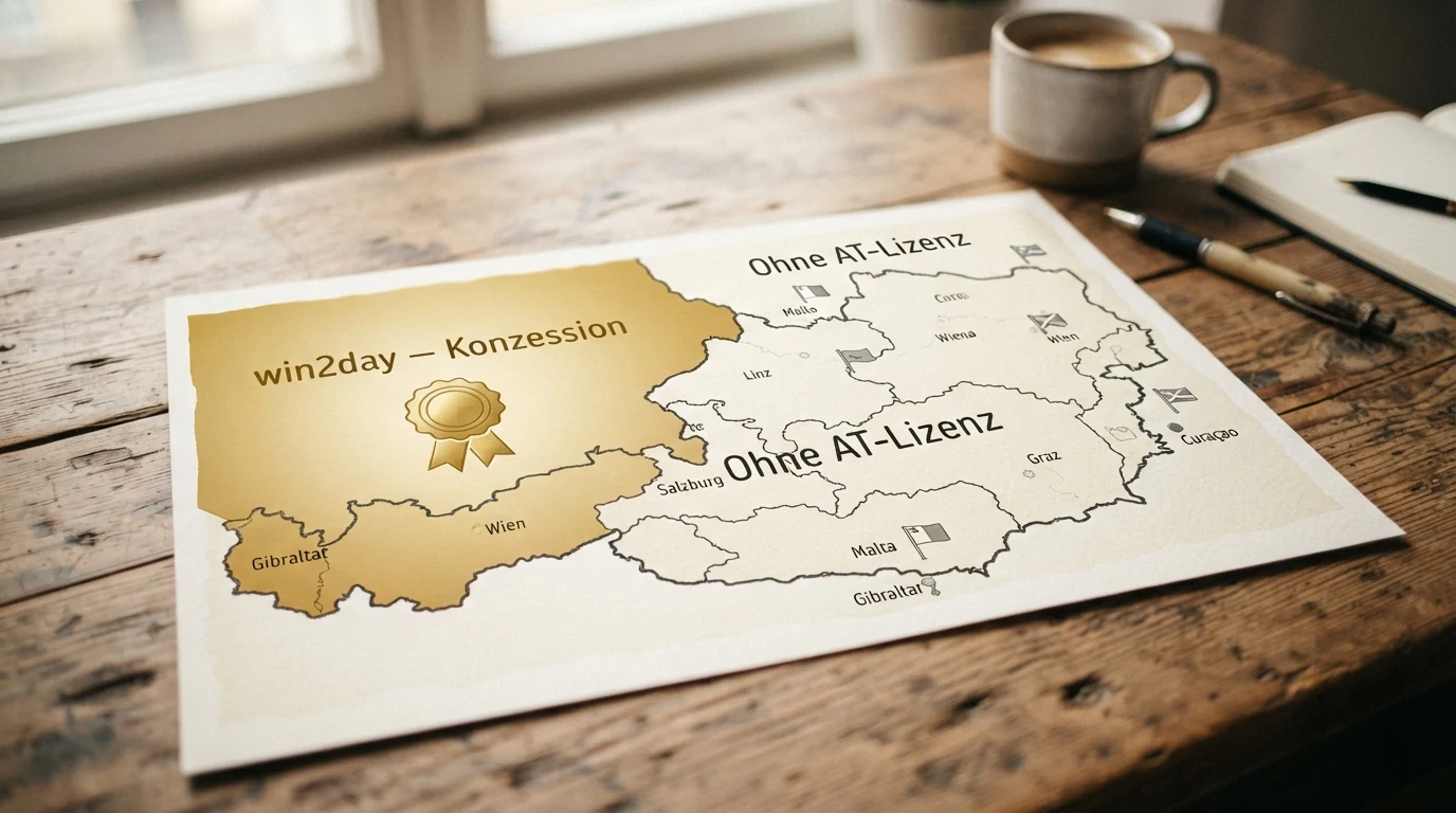 Eine stilisierte Österreich-Karte mit zwei Bereichen: links ein einzelnes markiertes Feld „win2day — Konzession“, rechts eine größere Gruppe mit „Ohne AT-Lizenz“ und den Flaggen Malta, Gibraltar, Curaçao
