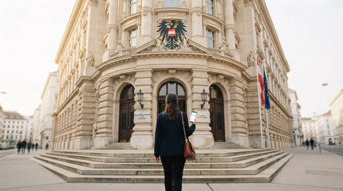 Offizielles Gebäude des Bundesministeriums für Finanzen in Wien mit dem österreichischen Bundeswappen