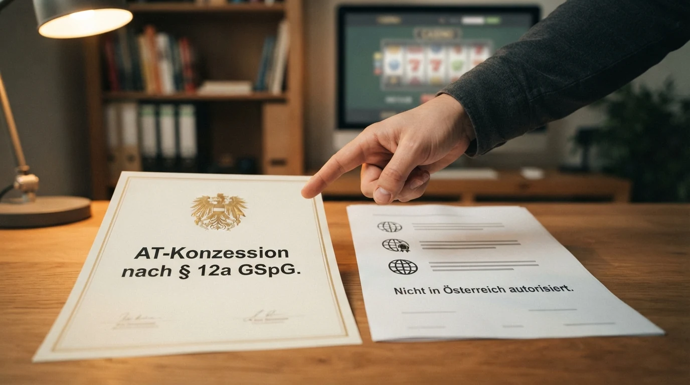 Eine grafische Gegenüberstellung: links das win2day-Logo mit dem Vermerk „AT-Konzession nach § 12a GSpG“, rechts daneben MGA- und Curaçao-Symbole mit dem Vermerk „Nicht in Österreich autorisiert“