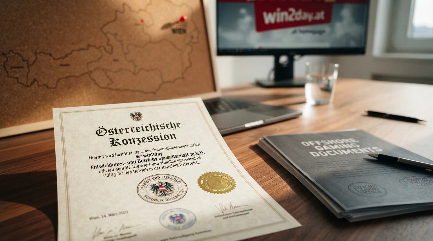 Eine stilisierte Österreich-Karte mit einem hervorgehobenen Prüfsiegel für win2day und grau markierten Offshore-Lizenzen (Malta, Gibraltar, Curaçao)