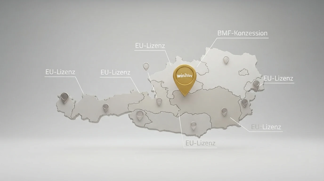 Eine illustrative Karte Österreichs mit einem hervorgehobenen Punkt für win2day (BMF) und mehreren andersfarbigen Punkten für EU-lizenzierte Anbieter im Umkreis