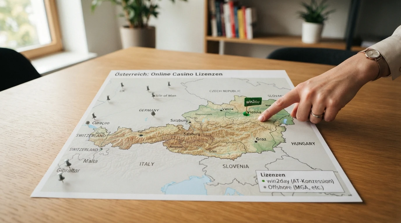 Schematische Österreich-Karte mit win2day als markiertem einzigen AT-Konzessionär (grün) und neun als Offshore gekennzeichneten Anbieterstandorten (grau), Legende mit Lizenztypen