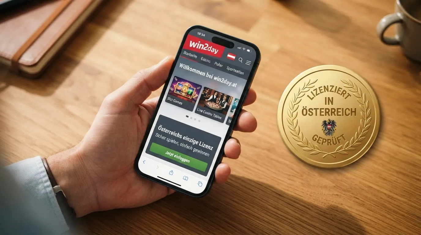 Das offizielle win2day-Logo neben dem Schriftzug „Österreichische Lotterien GmbH“ und dem Logo des Bundesministeriums für Finanzen