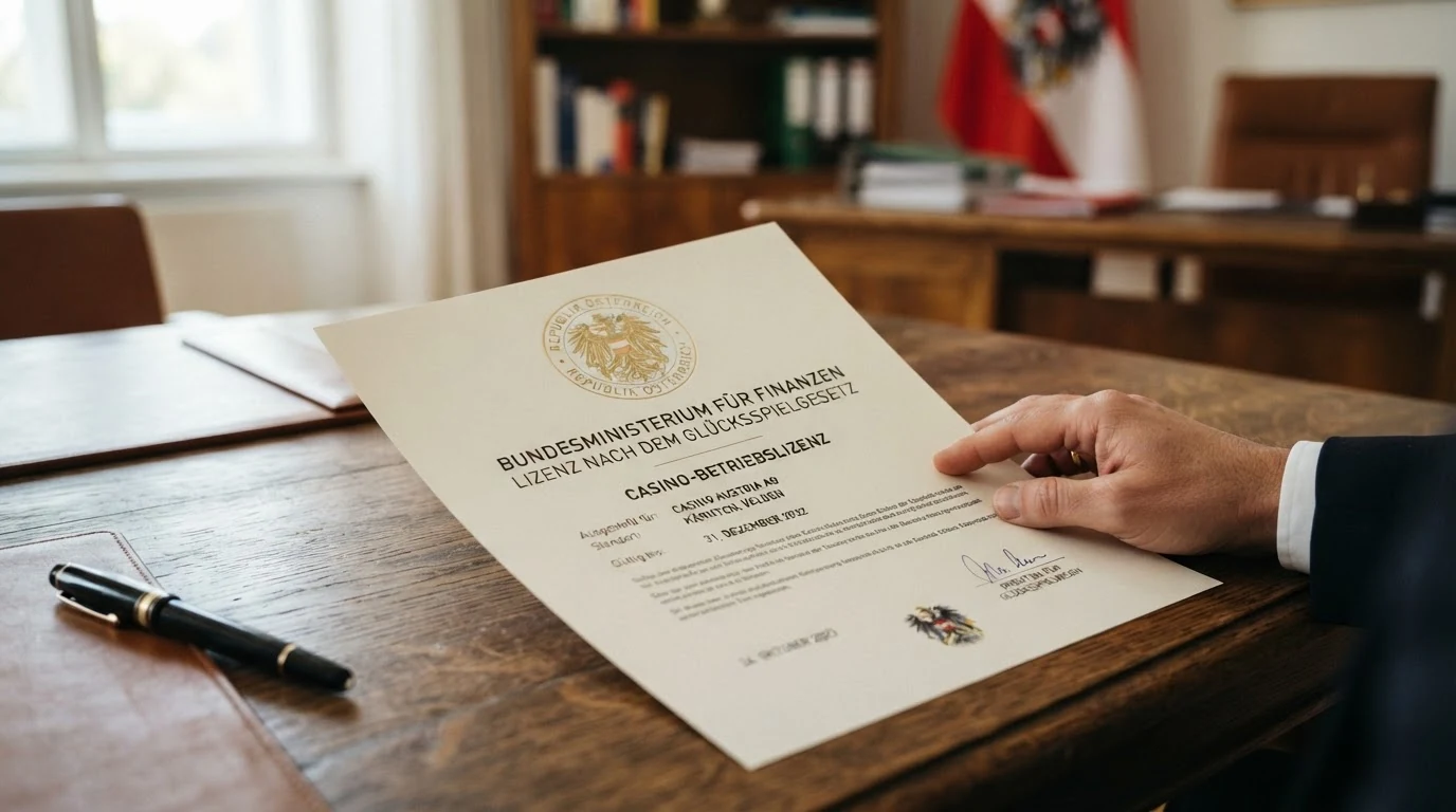 Das offizielle Siegel der Republik Österreich mit dem Bundesadler neben einer stilisierten Casino-Lizenzurkunde