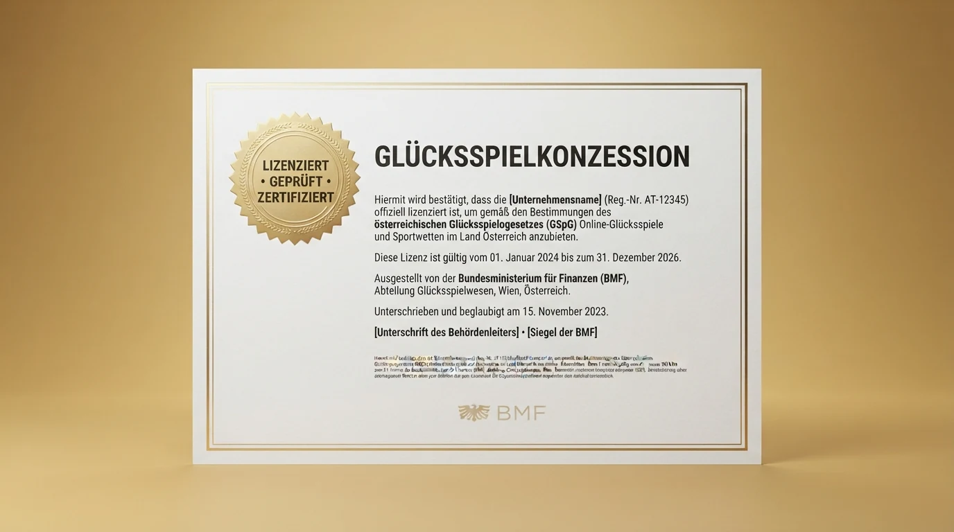 Ein offiziell wirkendes Dokument mit dem österreichischen Bundesadler und der Aufschrift „Konzession“, daneben ein Siegel mit der Aufschrift „BMF“
