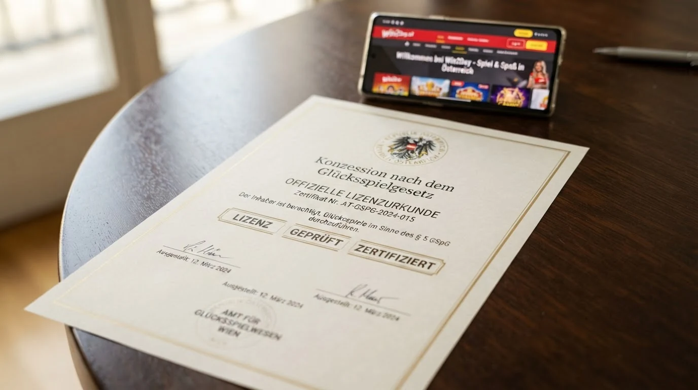 Ein offiziell wirkendes Dokument mit dem Siegel der Republik Österreich und dem Schriftzug „Konzession nach dem Glücksspielgesetz“ auf einem Schreibtisch