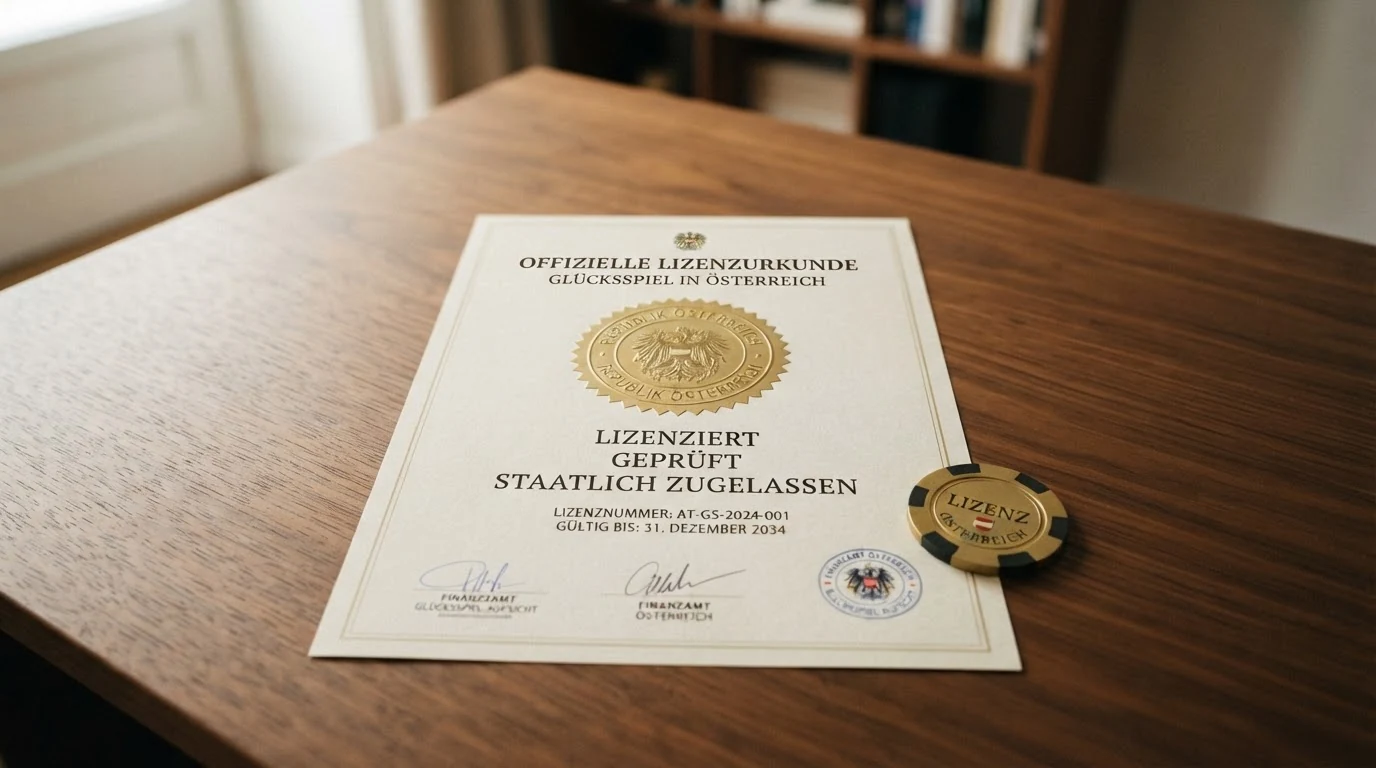 Offizielles Dokument oder Siegel mit Bezug zur österreichischen Glücksspielkonzession, etwa die BMF-Whitelist oder das win2day-Logo mit Konzessionshinweis