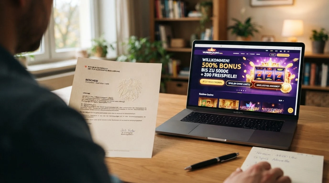 Offizielles Dokument mit österreichischem Bundesadler neben einem Bildschirm mit Casino-Startseite — die visuelle Spannung zwischen AT-Rechtsrahmen und Offshore-Angebot