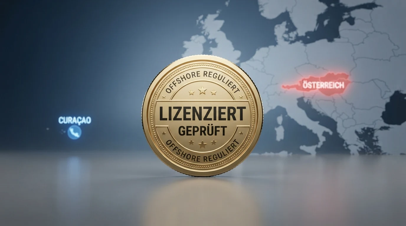 Bildschirmfoto eines offiziellen Curaçao-Lizenzregisters mit hervorgehobenem Lizenznummernfeld und dem AT-Wappen als Kontrast daneben.