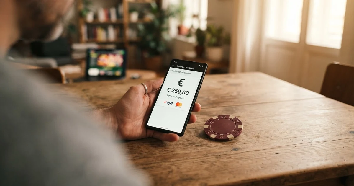 Drei Zahlungssymbole — ein Smartphone mit Rechnungssymbol, ein Klarna-Logo und ein SEPA-Lastschrift-Formular — vor dem Hintergrund eines österreichischen Online-Casino-Interfaces