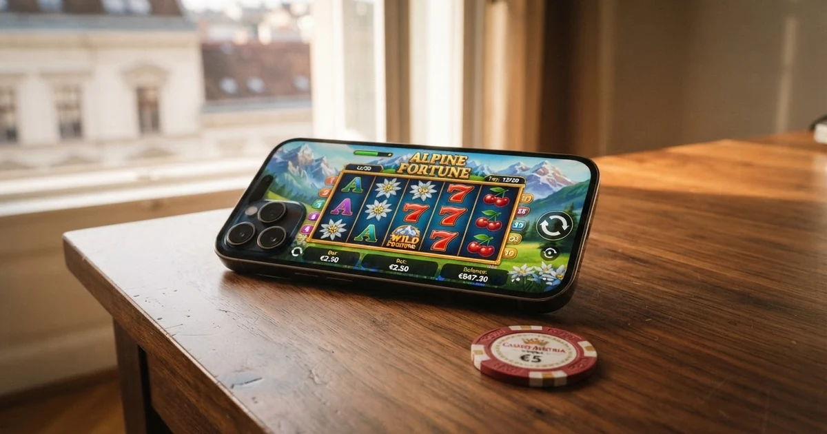 Ein Browser-Fenster mit einem geöffneten Casino-Spiel, daneben ein durchgestrichenes Download-Symbol — keine Installation nötig