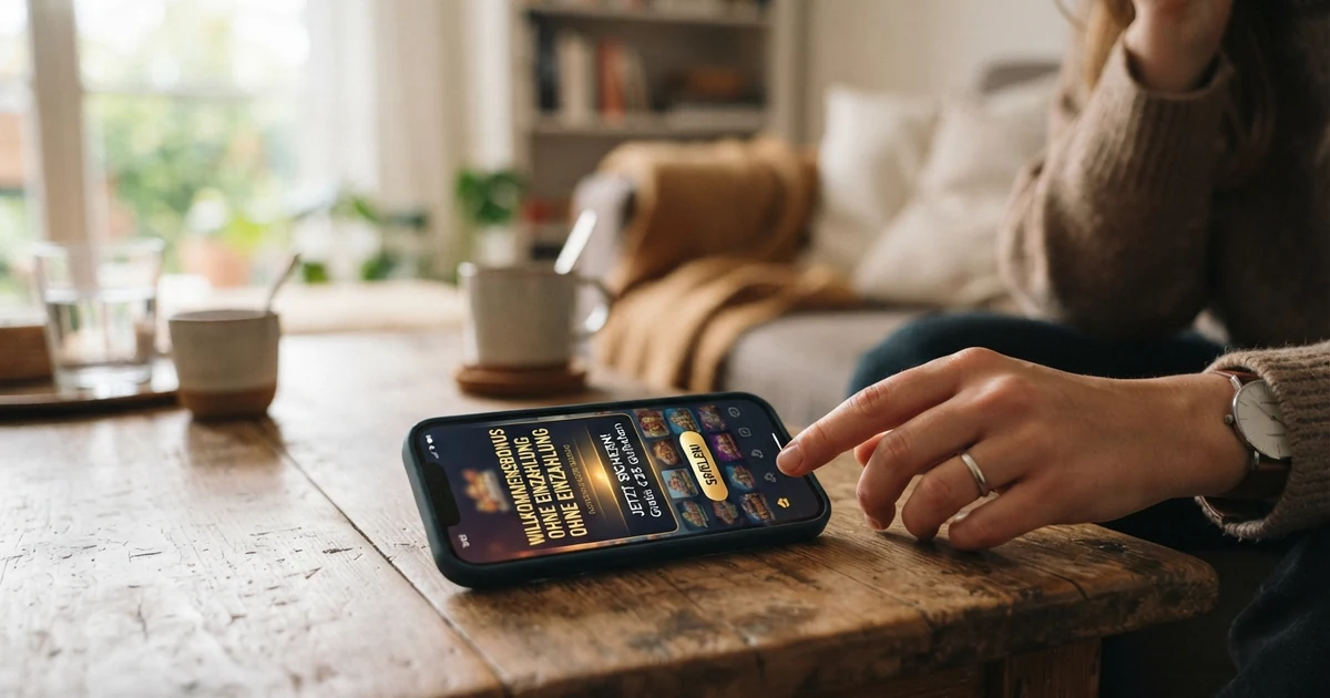 Smartphone mit geöffneter Casino-App und der Anzeige eines Willkommensbonus ohne Einzahlung
