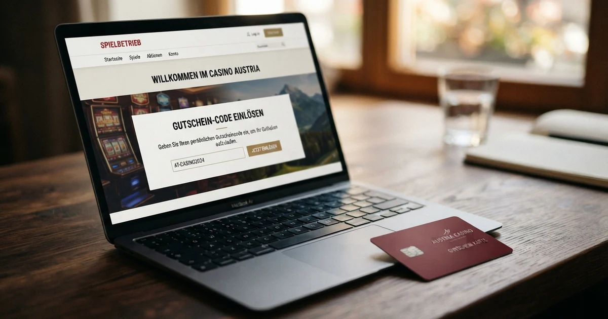 Eine Nahaufnahme eines geöffneten Laptops mit einer Casino-Website, auf der ein Eingabefeld für einen Gutschein-Code zu sehen ist; daneben liegt eine Paysafecard auf einem dunklen Tisch