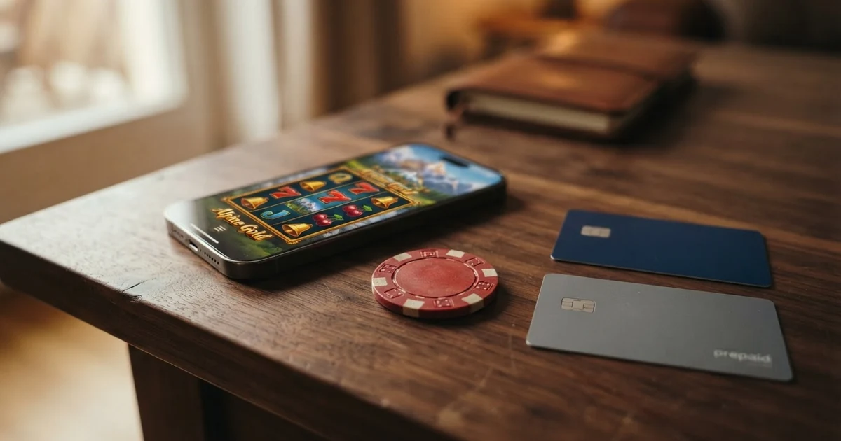 Fünf Euromünzen gestapelt neben einer Casino-Slot-Walze auf einem Smartphone-Bildschirm, im Hintergrund eine Kreditkarte und ein Paysafecard-PIN