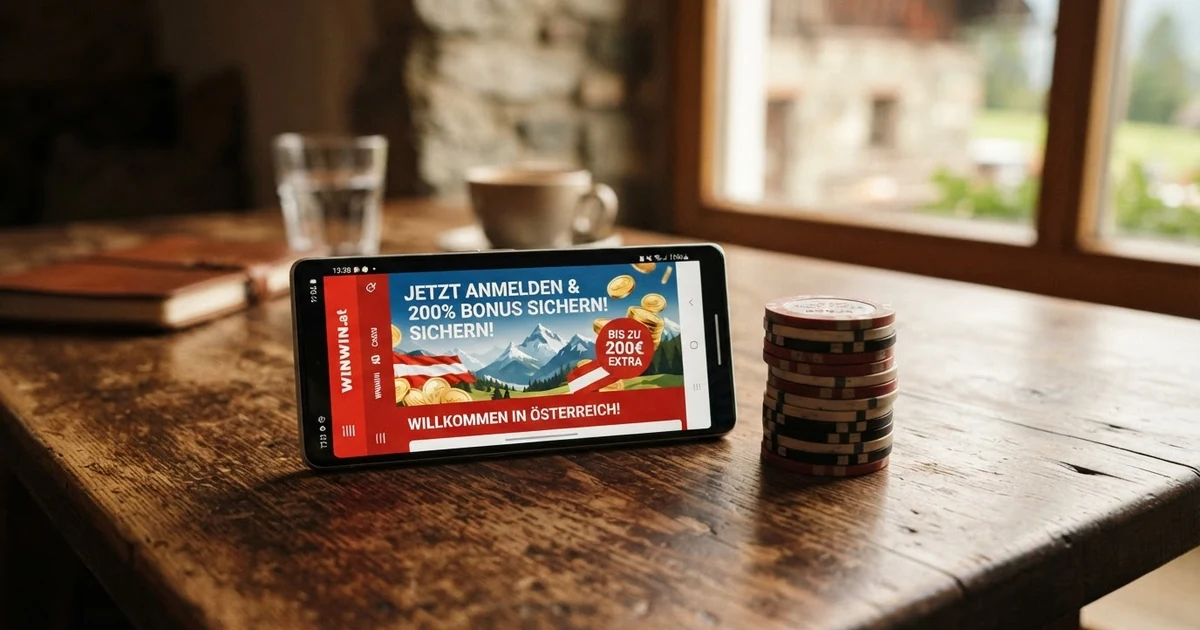 Ein Stapel Euro-Banknoten neben einem Smartphone mit geöffneter Casino-Website, auf dem ein „200% Bonus"-Banner eingeblendet ist