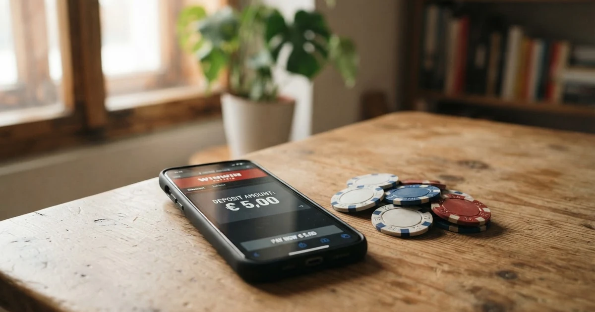Ein Smartphone mit geöffneter Casino-App zeigt eine Einzahlungsmaske mit dem Betrag 5 Euro, daneben liegen einige Euro-Münzen auf einem Holztisch.
