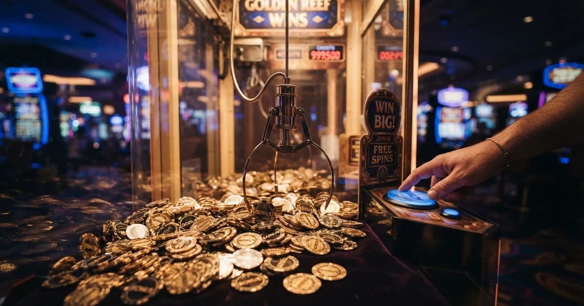 Ein virtueller Greifarm über einem Meer aus Münzen, Bonusgeld-Tokens und Freispiel-Symbolen in einem digitalen Casino-Automaten