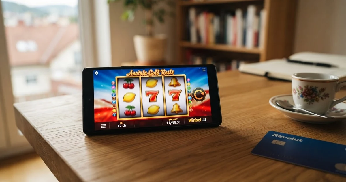Smartphone mit geöffneter Casino-App, auf dem Bildschirm sind Spielautomaten-Walzen und das win2day-Logo zu sehen