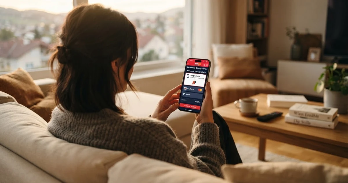 Ein Smartphone im Hochformat mit geöffnetem Casino-Einzahlungsbildschirm, die Option „Handyrechnung“ ist ausgewählt, daneben die Logos von A1, Magenta und Drei