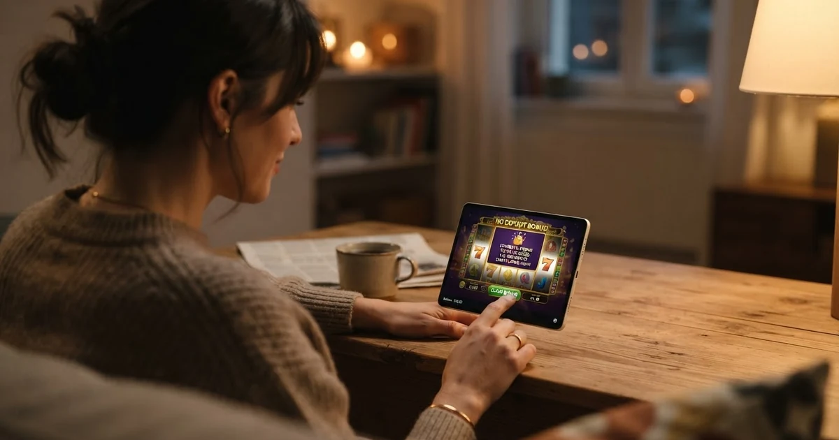 Eine stilisierte Illustration von virtuellem Casino-Guthaben, das als Bonus ohne vorherige Einzahlung auf einem Bildschirm erscheint