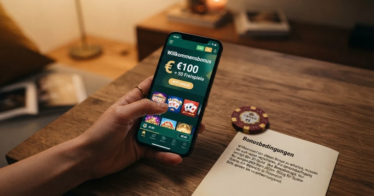 Ein Bildschirm mit verschiedenen Online-Casino-Willkommensangeboten, Euro-Symbolen und einem Kleingedruckten-Dokument im Vordergrund