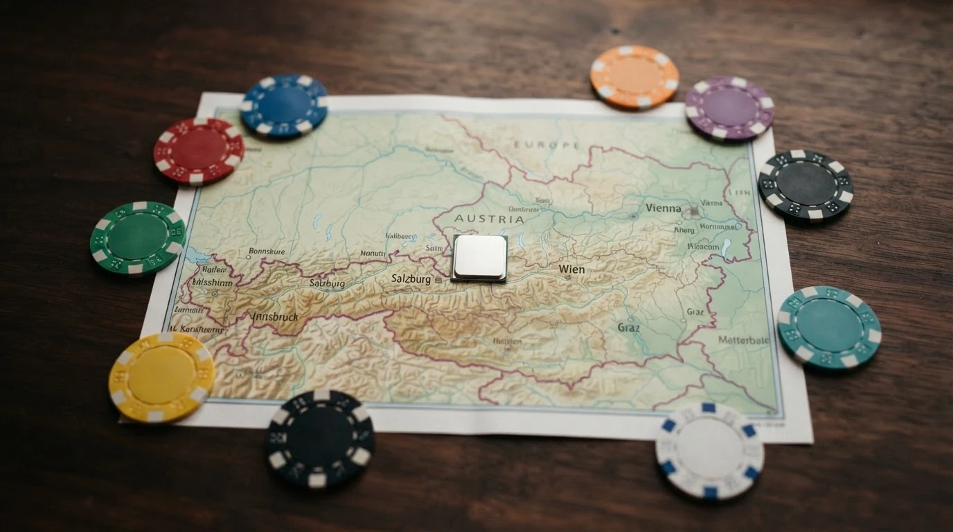 Eine Übersichtskarte Österreichs mit einem markierten Punkt, um den Logos internationaler Online-Casinos gruppiert sind – nur eines trägt den Stempel „AT-Konzession“