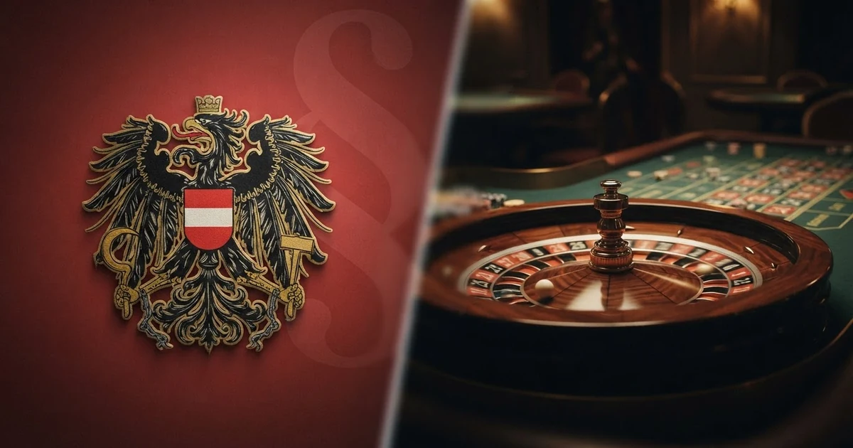Ein geteiltes Bild: links das österreichische Bundeswappen vor einem Paragrafen-Symbol als Zeichen für das GSpG, rechts ein Roulette-Rad ohne sichtbare Begrenzung oder Limit-Anzeige