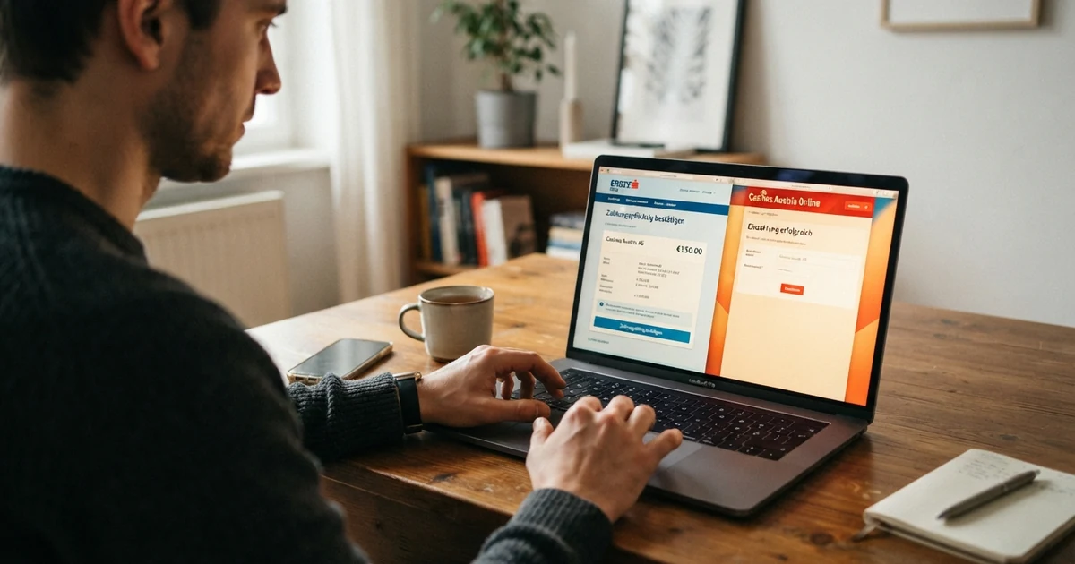 Ein geöffnetes Online-Banking-Fenster auf einem Laptop neben einem Casino-Kassenbereich — der Spieler autorisiert eine Einzahlung per Bankeinzug
