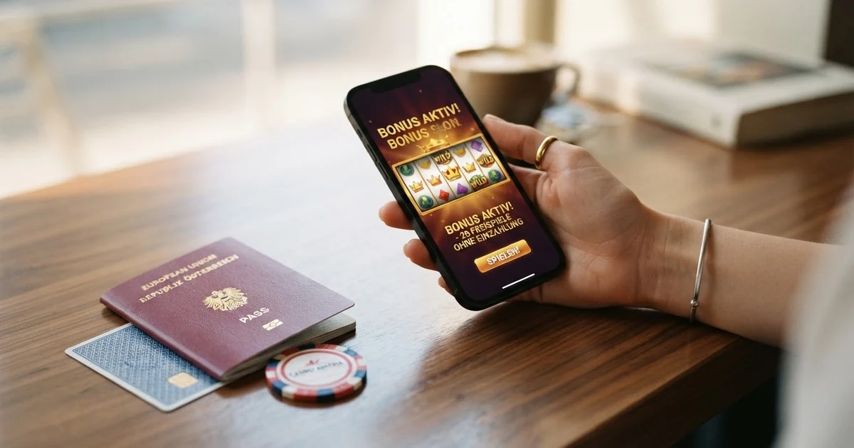 Eine Hand hält ein Smartphone mit einem Casino-Willkommensbonus-Banner auf dem Display, daneben liegen ein österreichischer Reisepass und Spielkarten auf einem Tisch