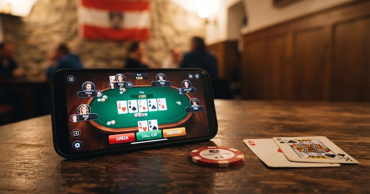 Ein Laptop mit geöffnetem Online Poker Casino-Interface, Pokerkarten und Casino-Chips auf einem Tisch vor österreichischer Flagge