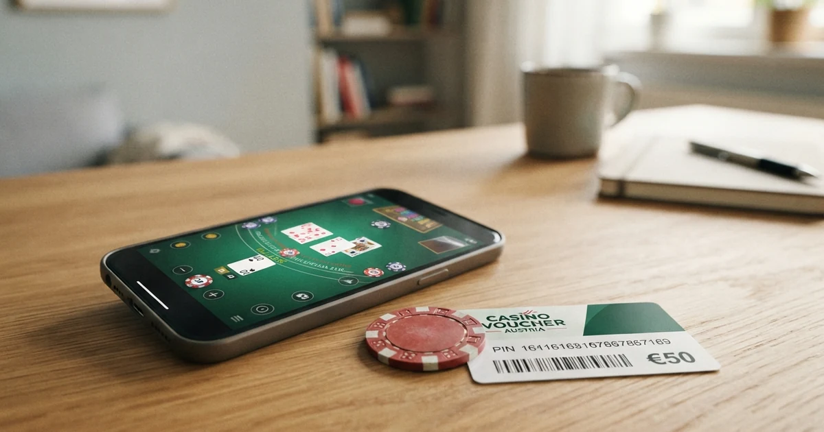 Eine Paysafecard neben einem geöffneten Online-Casino auf einem Laptop-Bildschirm, mit Euro-Scheinen im Hintergrund