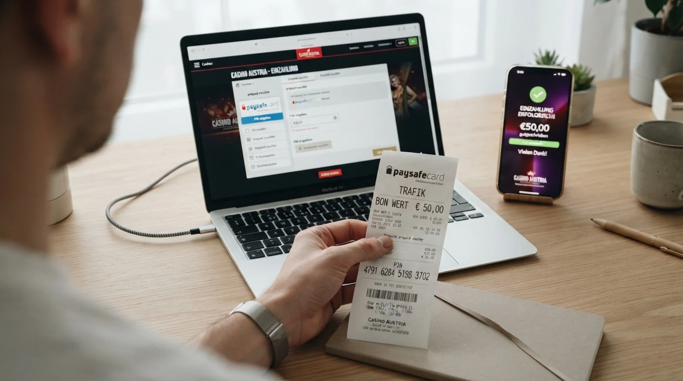 Eine schematische Darstellung des Einzahlungsvorgangs in drei Schritten: PIN-Kauf an der Kassa, Code-Eingabe im Casino-Kassenbereich, sofortige Guthaben-Anzeige