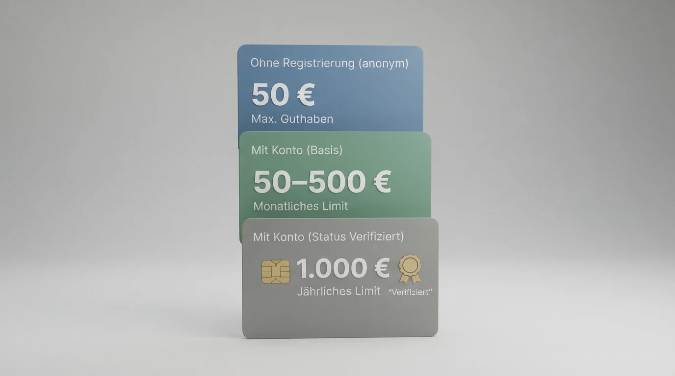 Grafische Übersicht der drei Paysafecard-Limit-Stufen: 50 € ohne Registrierung, 1.000 € mit myPaysafe Status Unlimited, und der Weg zur Identitätsbestätigung