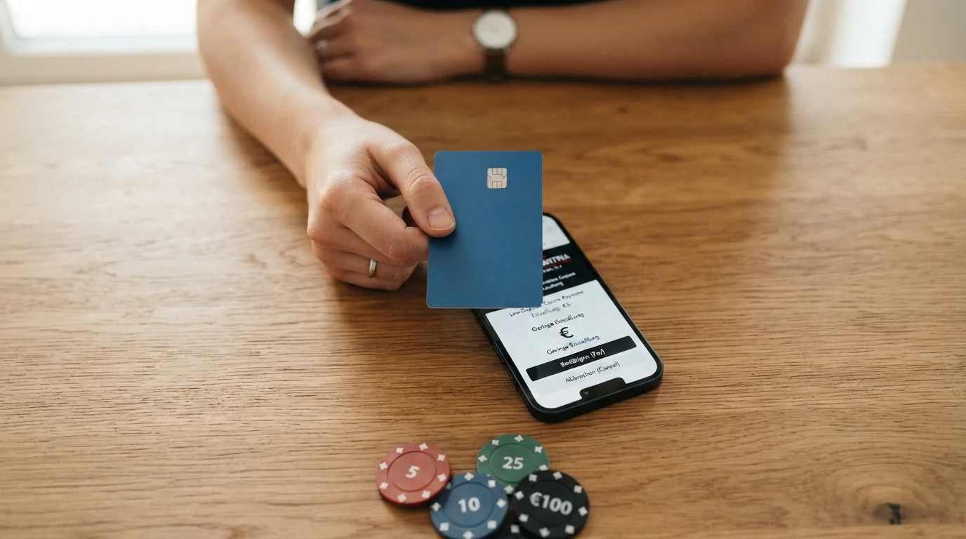 Eine Hand hält eine Paysafecard neben ein Smartphone mit Casino-Zahlungsbildschirm, Euromünzen und ein €10-Schein liegen daneben