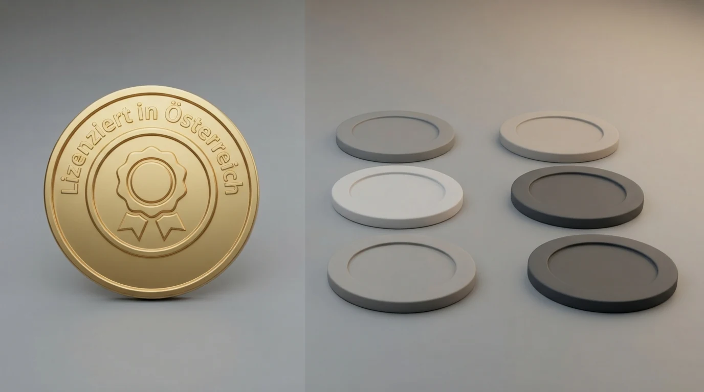 Eine visuelle Gegenüberstellung: Ein AT-Lizenz-Siegel auf der linken Seite, mehrere internationale Casino-Logos ohne AT-Lizenz auf der rechten Seite