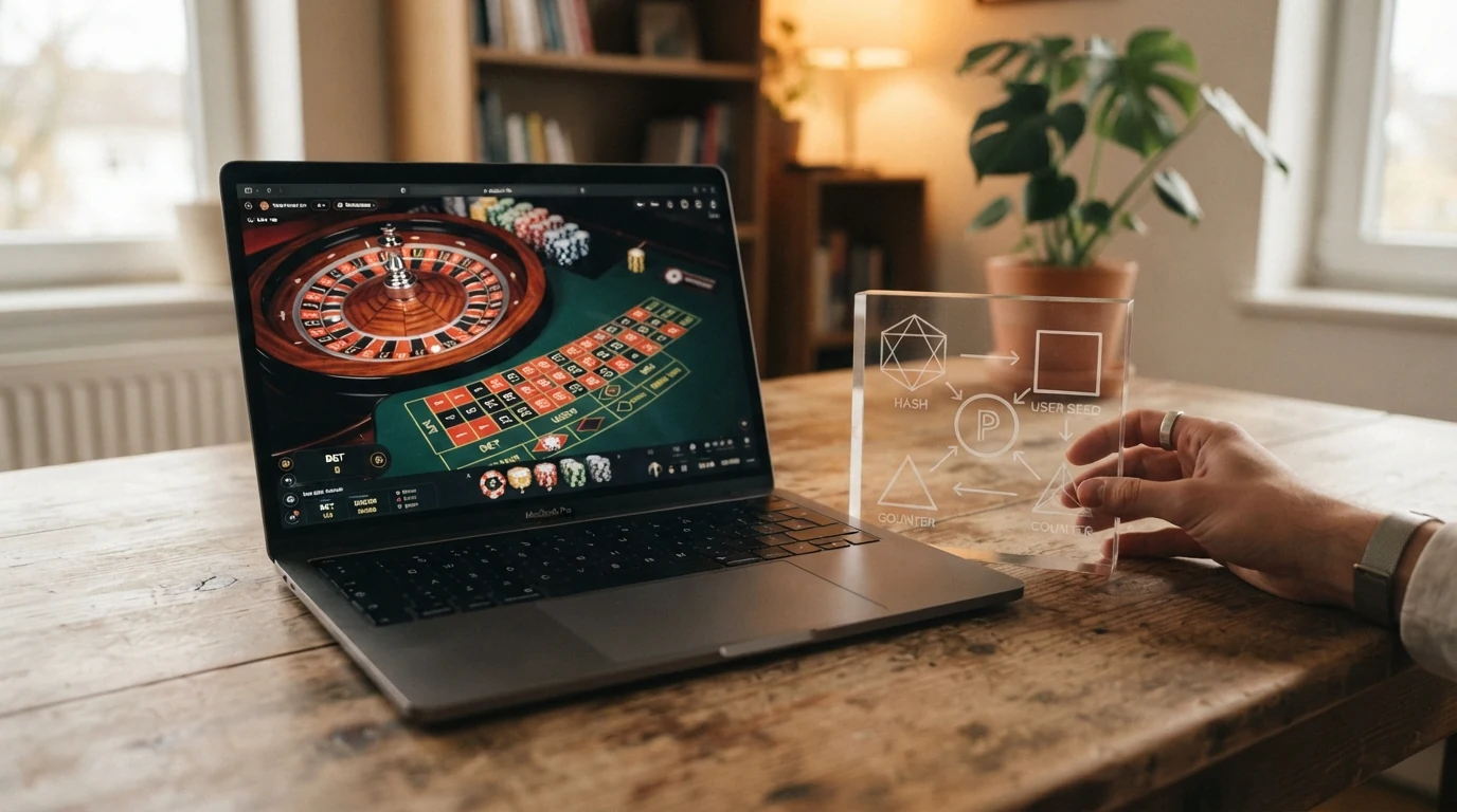 Schematische Darstellung des Provably-Fair-Protokolls: Ein Hash-Wert wird vor der Spielrunde angezeigt, danach können Server Seed, Client Seed und Nonce vom Spieler abgeglichen werden, um das Ergebnis zu verifizieren.