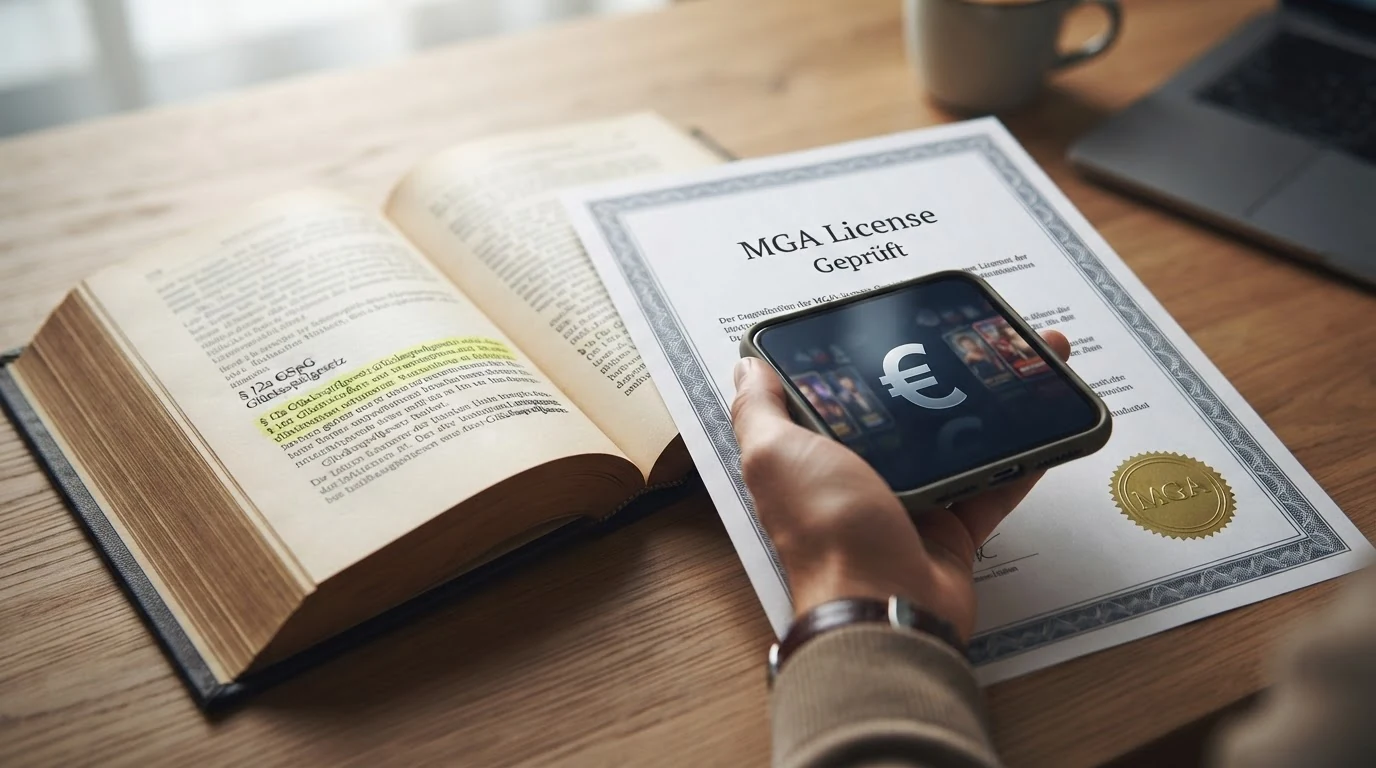 Österreichisches Gesetzbuch neben MGA-Lizenzdokument auf einem Schreibtisch
