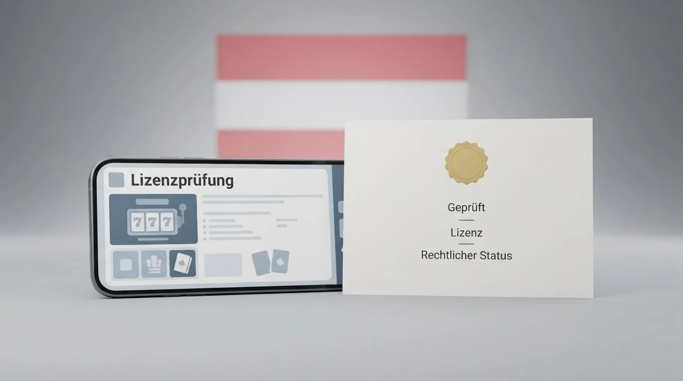 Ein Smartphone mit Casino-App neben einem amtlichen Dokument mit Paragraf-Zeichen, im Hintergrund die österreichische Flagge