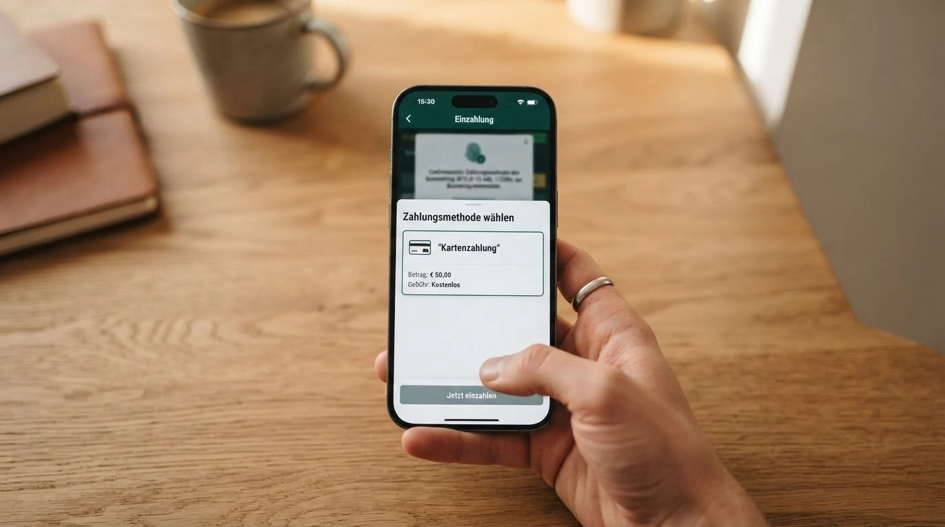Der Zahlungsbildschirm eines Online-Casinos mit den Optionen Visa und Mastercard — Revolut wählt eine davon