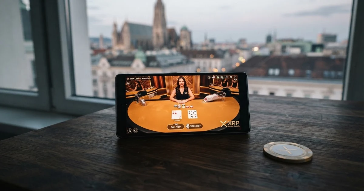 XRP-Logo und Casino-Chips auf dunklem Hintergrund, Visualisierung einer Blockchain-Transaktion