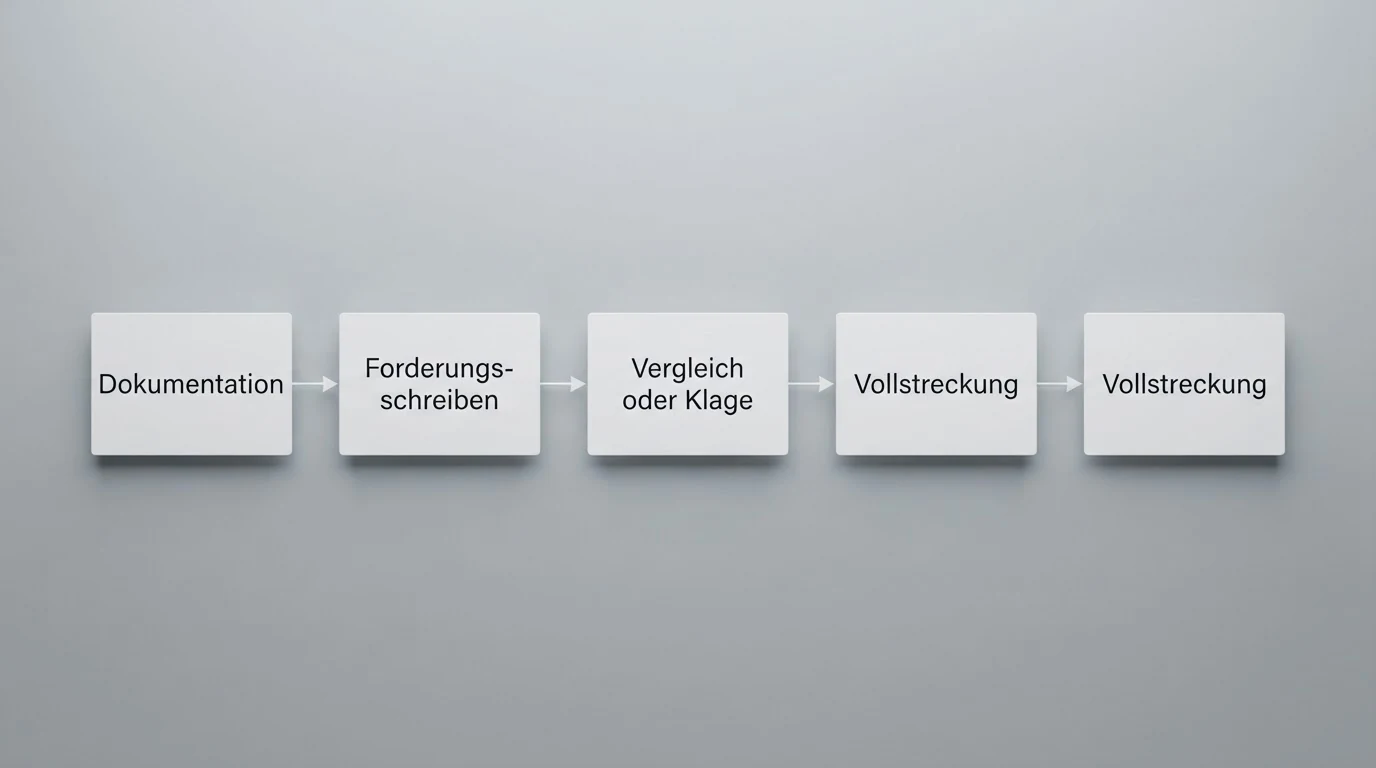 Eine grafische Schritt-für-Schritt-Darstellung des Rückforderungsprozesses: Dokumentation, Forderungsschreiben, Vergleich oder Klage, Vollstreckung