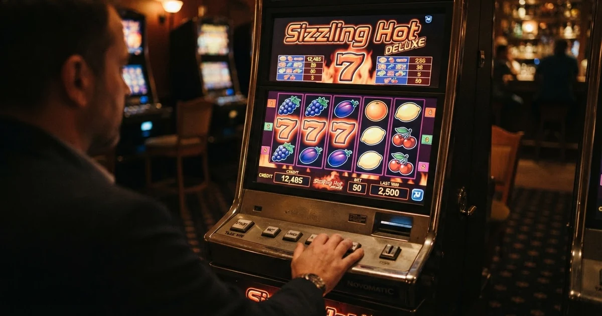 Sizzling Hot Deluxe Spielbildschirm mit fünf Walzen, Fruchtsymbolen und leuchtenden Gewinnlinien