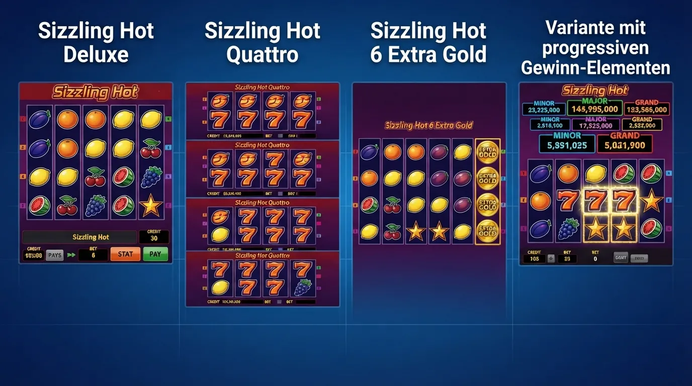 Vier Sizzling-Hot-Varianten im direkten Vergleich: Deluxe, Quattro, 6 Extra Gold und Cash Connection